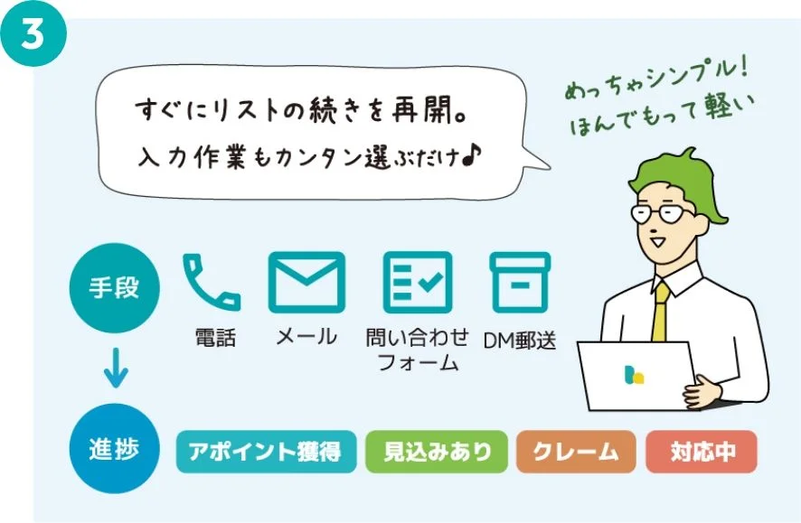 すぐにリストの続きを再開！入力作業もカンタン選ぶだけ。