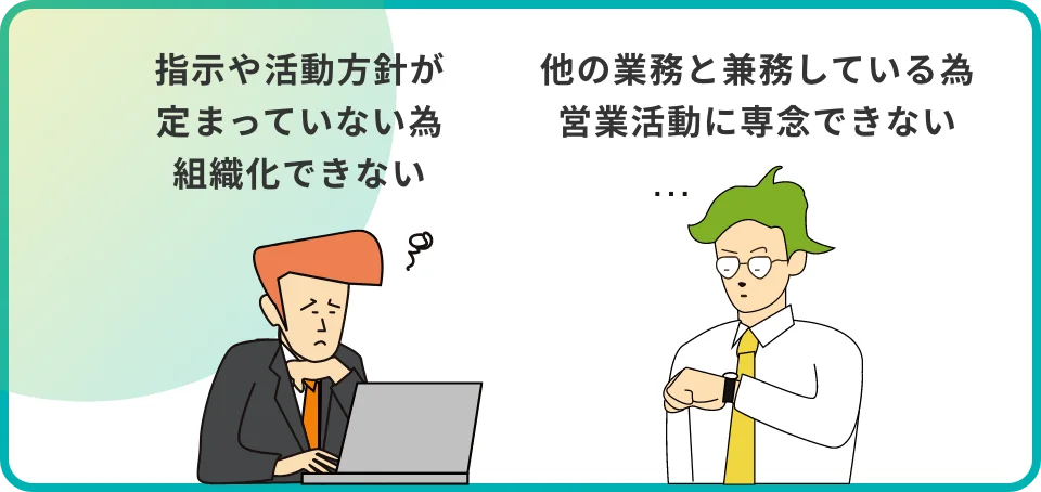 指示や活動方針が定まっていない為組織化できない 他の業務と兼務している為営業活動に専念できない…